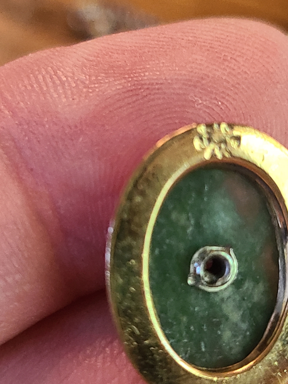Antique Gold Green Stone Oval Pendant with Silver Accent - Picture 3 of 13